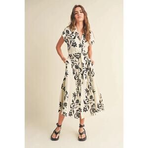 Miou Muse Beige/Black Floral Button-Front Collared Midi dress Size Medium